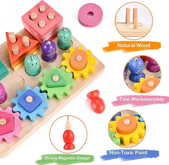 Montessori Toys for 3 4 5 Years Old Toddlers, Wooden Sorting & Stacking Toys, Shape Sorter and Color Stacker Preschool Kids Gifts, 3-in-1 Educational Toy Gift for Baby Boys Girls