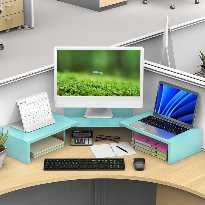 OUTIOE Dual Monitor Stand for Desk, Metal Computer Stand, Desk Shelf Riser,Desktop Organizer for Home and Office Use (Blue)