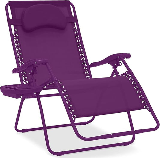 Best Choice Products Oversized Zero Gravity Chair, Folding Outdoor Patio Lounge Recliner w/Cup Holder Accessory Tray, Pillow - Amethyst