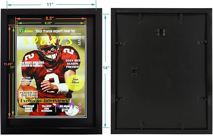 Goldfinch 2 Packs Sports Magazine Frame Displays Magazines Measuring 8.5 x 11.25 or 8.25 x 11 inches with Double Black Core Matting, Deep Frame Moulding, with Installed Hangers