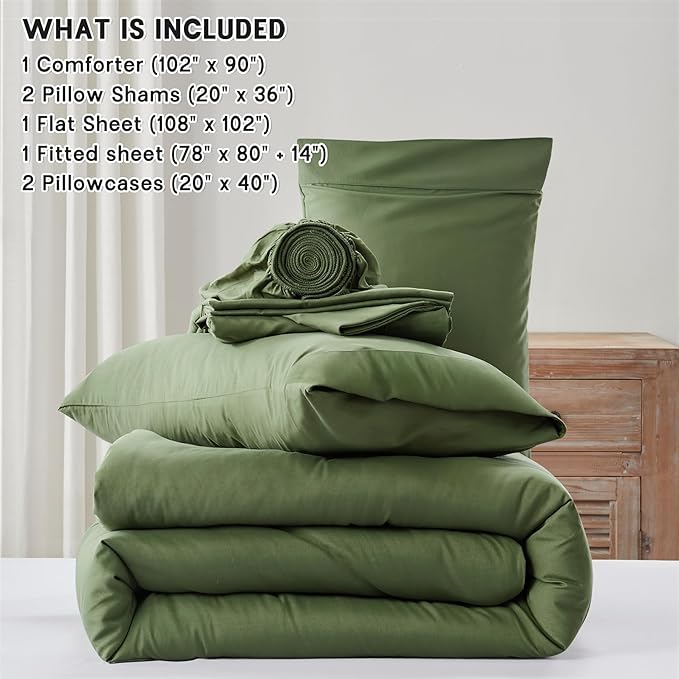 Anluoer King Size Comforter Set 7 Pieces, Olive Green Bed in a Bag Bedding Set with 1 Comforter, 2 Pillow Shams, 2 Pillowcases, 1 Flat Sheet, 1 Fitted Sheet