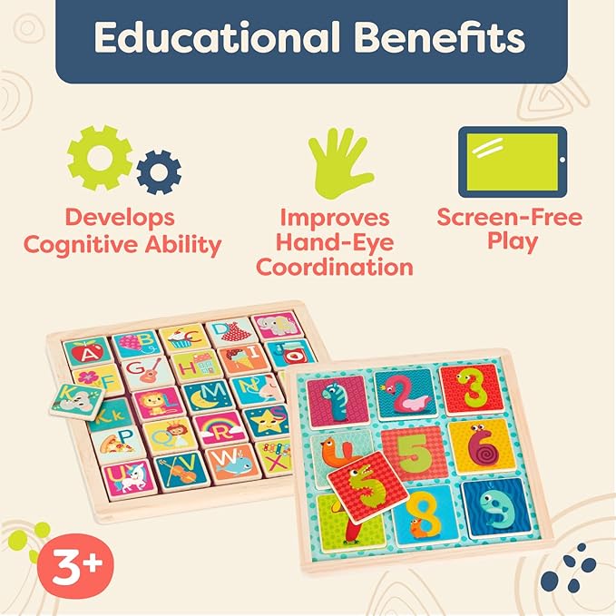 B. toys- Puzzle Pals- Magnetic Wooden Puzzles – Alphabet Puzzle & Number Puzzle – Double-Sided Puzzles & Chalkboards – Educational Toys for Kids – 3 Years +