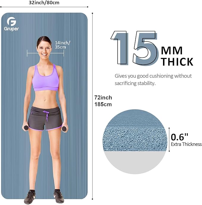 Yoga Mat Non Slip NBR Extra Thick Yoga Mat, 72"L x 32"/24"W x 0.6"/0.4"TH (185cm x 80cm/61cm x 15mm/10mm), Anti-Tear Exercise Mat with Carrying Strap and Bag, Workout Mats for Yoga, Pilates