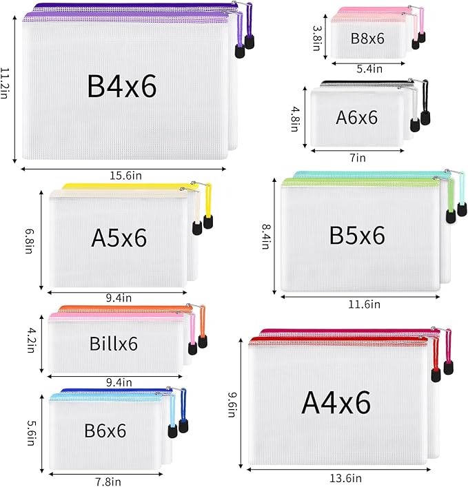 EOOUT 48pcs Mesh Zipper Pouch, Waterproof Zipper Bags, 8 Sizes Plastic Travel Pouch, 15 Colors, Multipurpose for Board Game, Travel Storage, School Supplies, Office Appliances, Home Organize