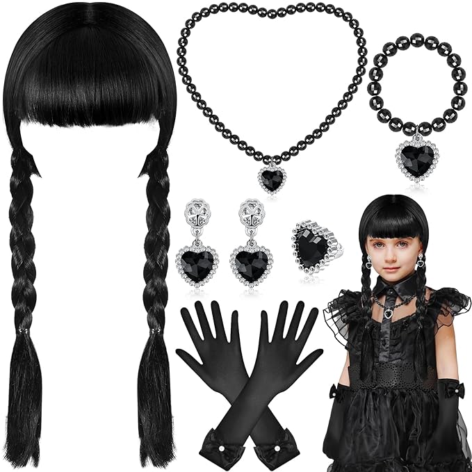 Black Wig Girls Costume, Halloween Costumes for Kids Girls, Black Outfit Costume Accessories Set for Kids(Classic)
