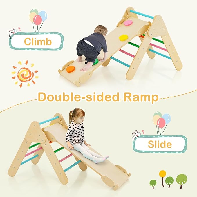 Costzon Climbing Toys for Toddlers, Foldable Montessori Wooden Arch Climber Ladder with Sliding Ramp, Multi-Combination Methods, Rainbow Kids Triangle Climber Play Gym Set for Boys Girls Gift Present
