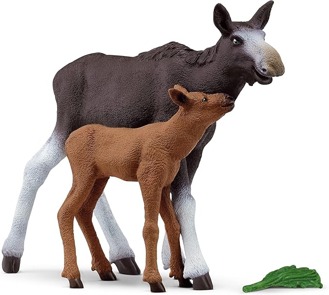 Schleich Wild Life Mother Moose and Calf Playset - North American Forest Animal Toys Playset with Realistic Natural Mother Moose and Baby Calf, Gift for Toddlers, Kids, Boys, and Girls Ages 3 and Up