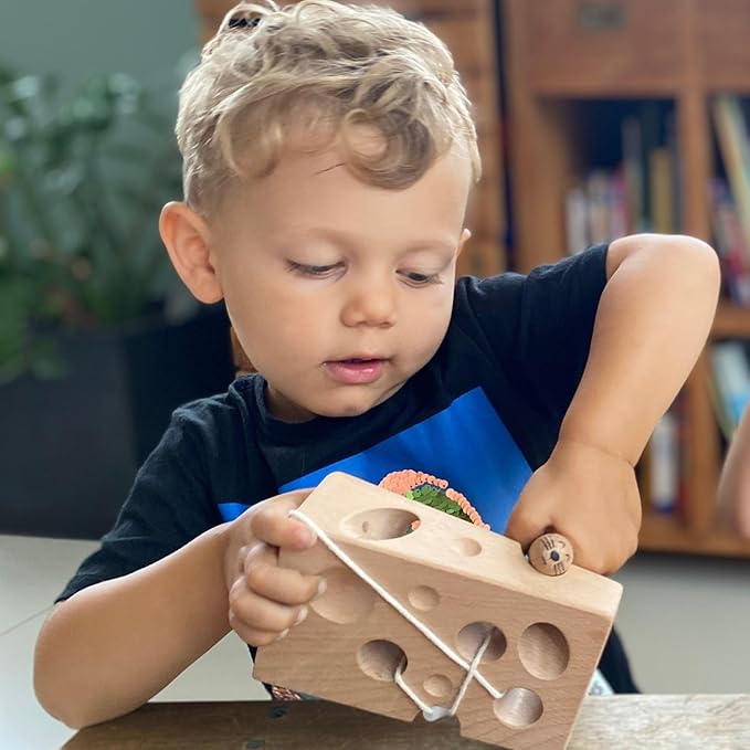 Montessori Wooden Cheese Lacing and Threading Activity Toy: Early Educational Fun for Babies, Toddlers, Boys, and Girls
