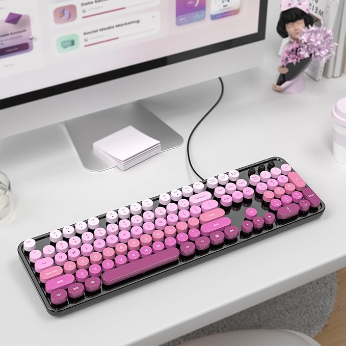 Computer Keyboard Wired, Retro USB Keyboard with Large Number Pad, Caps Indicators, Foldable Stands, Full Size Typewriter Keyboard for Windows PC Laptop (Black Pink)