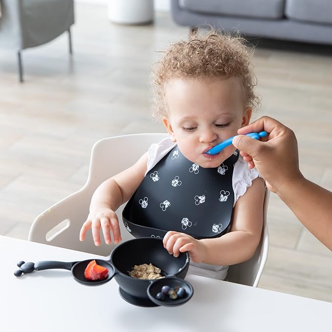 Bumkins Disney Baby Utensil Set, Silicone Trainer Spoons for Dipping, Soft Tip, Self-Feeding, Chew, Baby Led Weaning, First Year Training Supplies, Essentials First Eating, 4 Mos, 2-pk Mickey Mouse