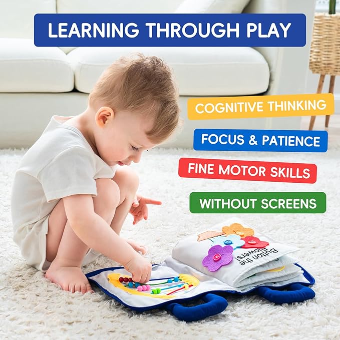Jollybaby Baby Soft Busy Books -My Quiet Book, Travel Toy & Montessori Sensory Educational, 10 Preschool Learning Activities for 1 2 3 Year Old Toddlers Boy Girl(Blue)