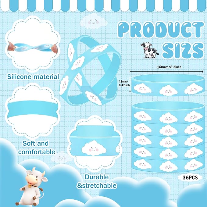 36 Pcs Blue Sky Clouds Silicone Wristband for Kids Cartoon Story Silicone Bracelets Party Favors Rubber Wristbands Baby Shower Birthday Party Decorations