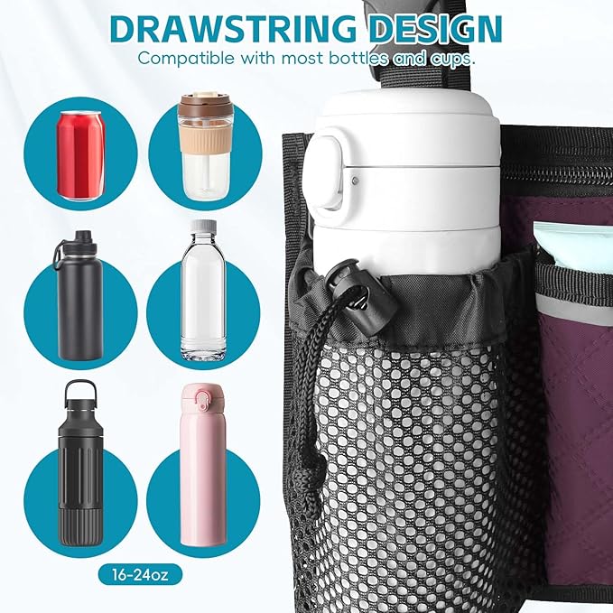 Wheelchair Bag with Cup Holder, Wheelchair Accessories Armrest Side Bag Multi Pockets Pouch for Electric Wheelchairs, Walker, Rollators & Mobility Scooters, Adults, Seniors, Purple