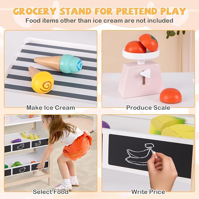 Fireflowery Kids Grocery Store Pretend Play, Wooden Ice Cream Cart w/ 6 Pieces Play Food, Bell, Scale, Toy Grocery Store Playset, Play Store for Kids, Toddlers, Boys, Girls Age 3+ (White Canopy)