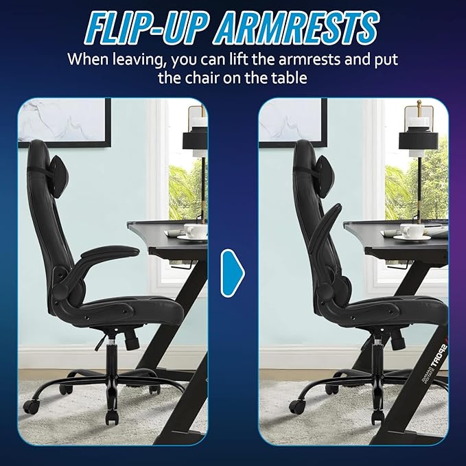 BestOffice PC Gaming Chair Ergonomic Office Chair Desk Chair with Lumbar Support Flip Up Arms Headrest PU Leather Executive High Back Computer Chair for Adults Women Men (Black)