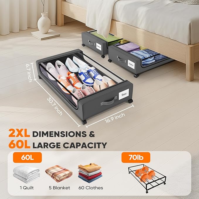 Camkey® Under Bed Storage with 360° Wheels, 2-Pack, 60L Low-Profile Rolling Underbed Bins for Clothes, Shoes, Toys & Books — Easy Pull-Out, Dust Protection, Space-Saving Organizer for Bedroom/Dorm