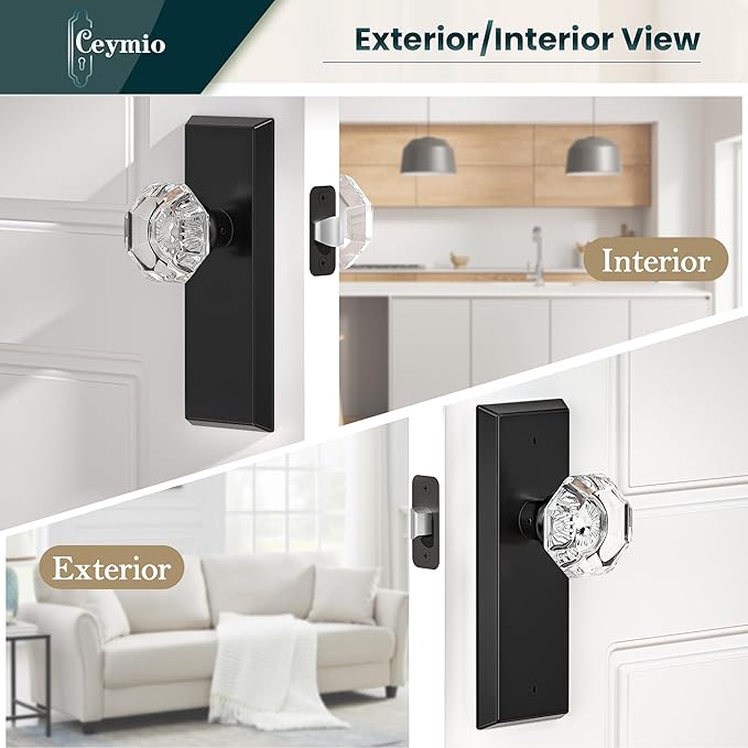 Glass Door Knobs for Interior Doors - Vintage Crystal Passage Closet & Hallway Door Knob - Diamond Cut Door Handle - Matte Black Finish (1 Pack)