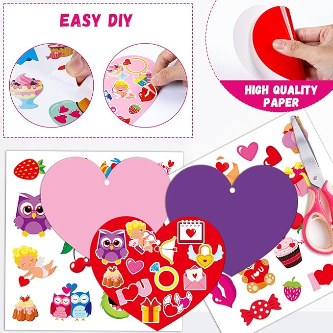 36 Sets Valentine's Day Heart Craft Kits for Kids Valentines DIY Heart-Shaped Craft Kits with Stickers Valentines Day Hanging Multicolor hearts Crafts for Classroom Home Activity Decoration