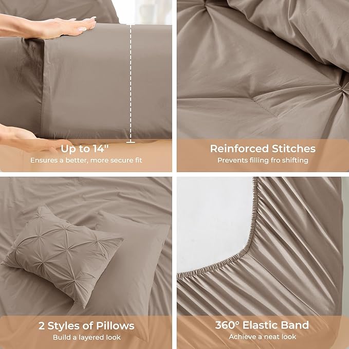 Sasttie Queen Comforter Set, 7-Piece Bed in a Bag, Pintuck Bedding Sets for All Season, Includes Comforter, Flat Sheet, Fitted Sheet, Pillowcases and Pillowshams, Dark Linen