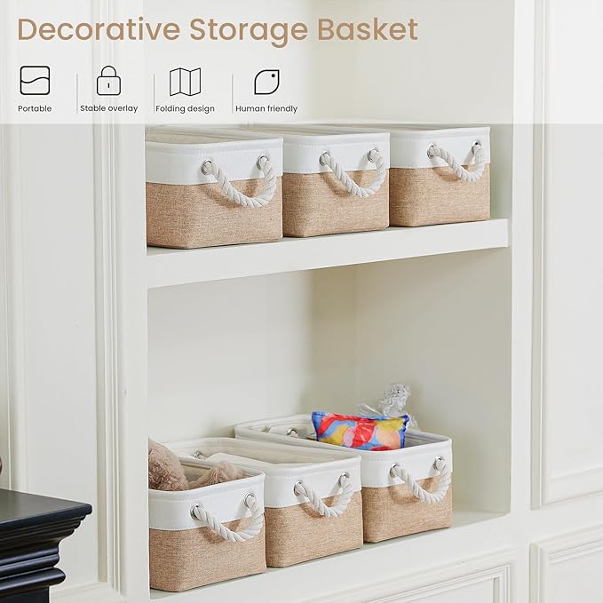 VQRTEXA Storage Baskets for Shelves 11.8x7.9x5.2 Inch, Foldable Fabric Storage Bins with Handles, Small Storage Baskets for Organizing Closet, Bathroom, Office, Home Organization (3-Pack, White&Khaki)