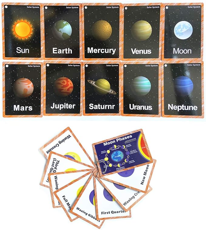 Set of The Solar System and Moon Phase Flashcards for Toddlers | Kids Learning Flashcard & Montessori Pocket Cards | Perfect for Pre-K Decor Background Wall Stickers, Teacher/Autism Therapists Tools