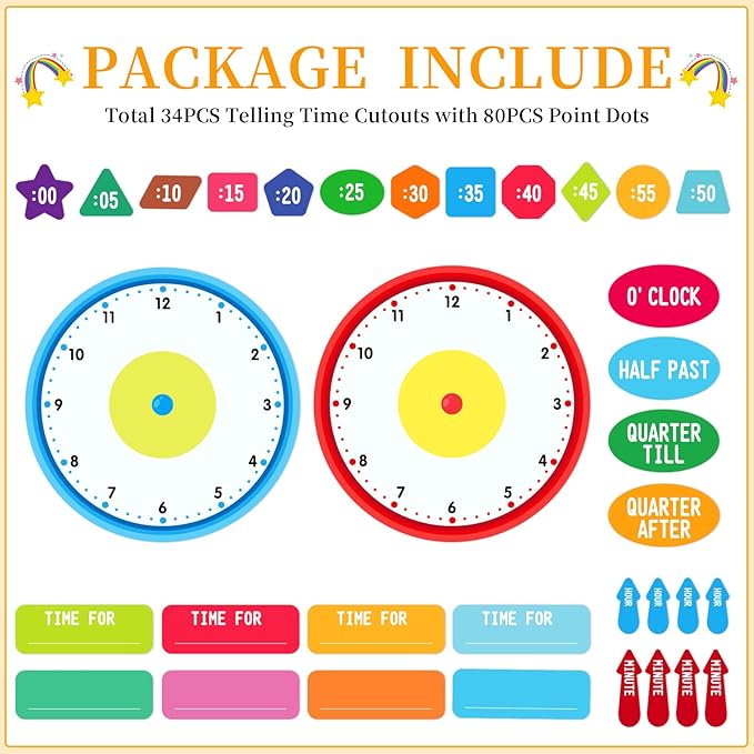 WhatSign Telling Time Bulletin Board Set Telling Time Teaching Clock for Kids 34Pcs Learning to Tell Time Clock Telling Time Clock for Classroom Teacher Must Have Bulletin Board Decorations