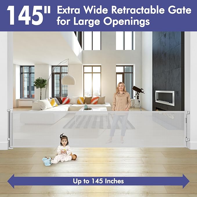 145 Inch Extra Long Baby Gate Retractable Dog Gate Outdoor Retractable Gate Indoor Retractable Baby Gate for Extra Wide Openings Retractable Pet Gate Retractable Fence for Doorways, Decks, Light Gray