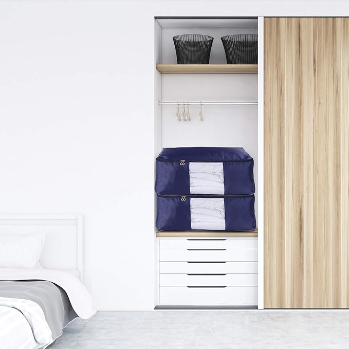 Blanket Storage Bags Pillow Bedspread Bedding Clothes Organizer Storage Containers With Zippers Breathable and Moistureproof. (Navy blue 2pcs, L)