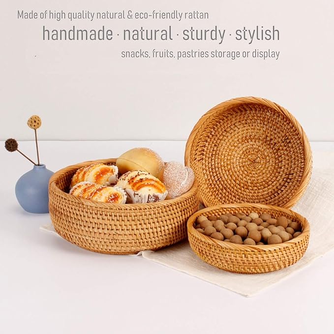 amololo 3 Pack Hadewoven Round Rattan Fruit Basket Wicker Food Tray Weaving Storage Holder Dinning Room Bowl, 10 Inch Small Wicker Basket Serving Tray Woven Basket for Bread,Snack,Brown(3-Size Kit)
