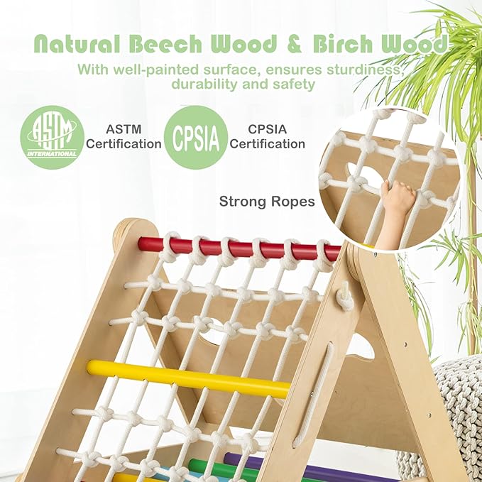 HONEY JOY 4-in-1 Triangle Climber with Ramp, 3-Side Kids Climbing Triangle Ladder with Net Rope & Bars, Wooden Montessori Climbing Toys for Toddlers Daycare, Gym & Playground, Gift for Boys Girls