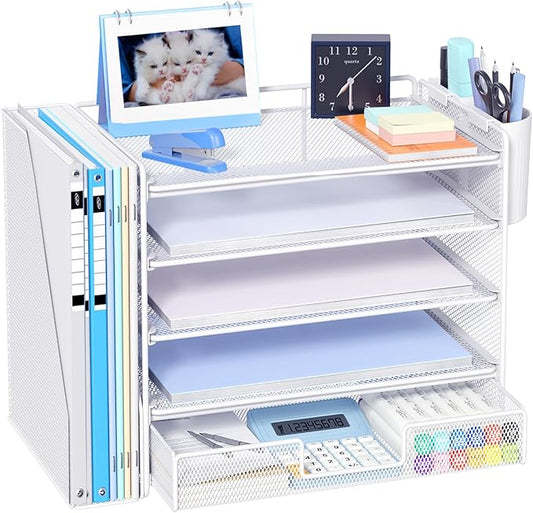 OPNICE Desk Organizer, 5-Tier Paper File Organizer with Drawer & Pen Holder, Office Desk Accessories, Workspace Desktop Organizer for Office Supplies(White)