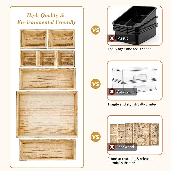 Rustic 8 Piece Wood Desk Drawer Organizer Tray, Nightstand Organizer, 4 Size Wooden Drawer Divider Organizer Set For Office Vanity Makeup Jewelry Bedroom Clothes Storage(Natural)