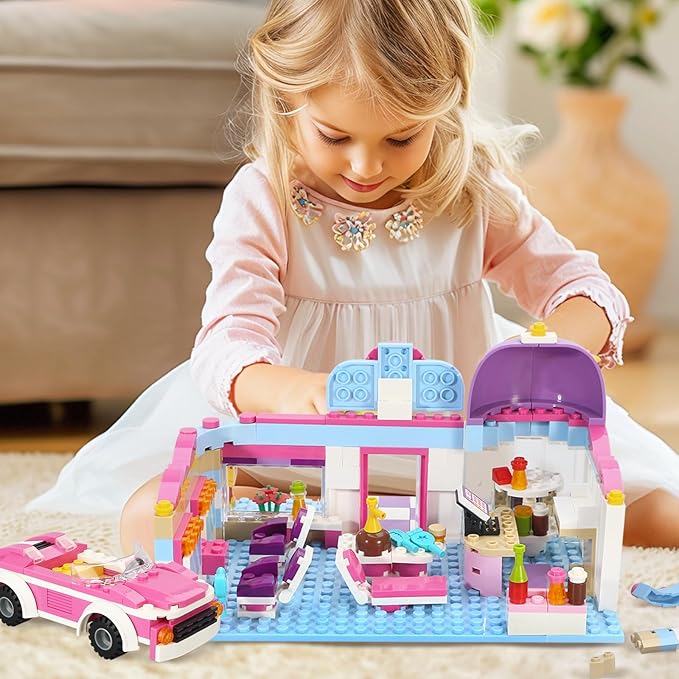 BRICK STORY Girls Friends Hair Salon Building Kit with 2 Mini People 5 Dolls Hair Creative Girls Friends Sets 358 Pieces with a Pink Convertible Car STEM Building Toys Gifts for Kids Age 6-12 and Up