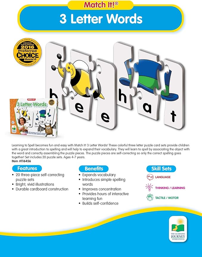 The Learning Journey: Match It! - 3 Letter Words -Spelling Puzzles for Kids Ages 3-5, Learn to Read With Preschool Learning Materials and Learning Games - Award Winning Educational Toys