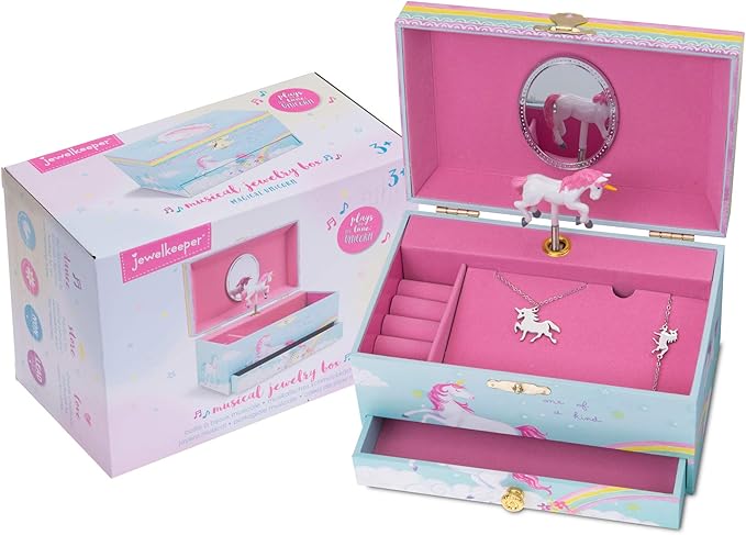 Jewelkeeper Jewelry Box for Girls - Unicorn Music Box with Necklace and Bracelet Gift Set - Enchanting Unicorn Decor, Keepsake Storage, Durable Design for Accessories - Ideal Gift