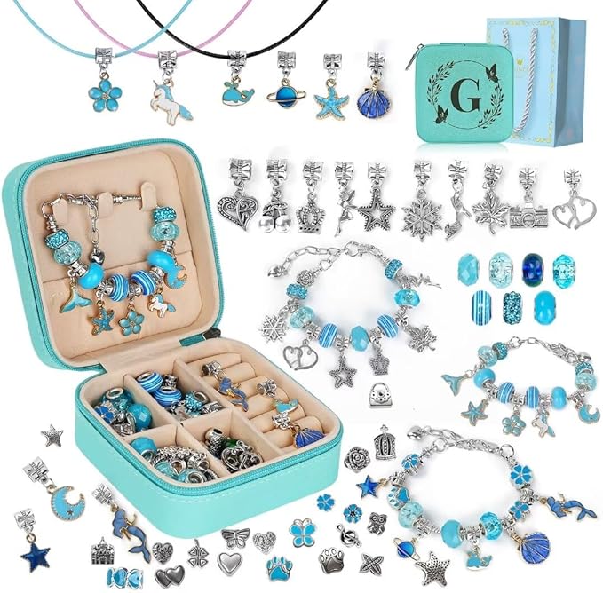 Charm Bracelet Making Kit, Kid Jewelry Making Kit for Girls 8-12, Unicorn Craft Kits for Teen Girls Toys Ages 3-10 Years Old Girl Gifts Trendy Stuff Birthday Christmas Gift with Initial Jewelry Box- G