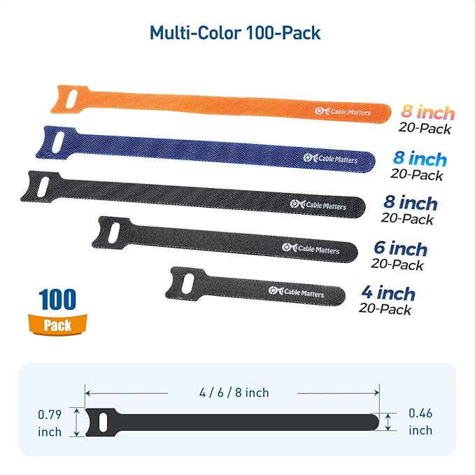 Cable Matters 100-Pack Hook-and-Loop Reusable Cable Ties, Sizes 4", 6", 8" with 42 lbs Tensile Strength - Multi-Color Cable Straps, Cord Organizers, Cord Management Ties