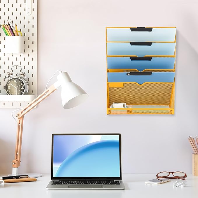 EASEPRES 6 Tier Mesh Hanging Wall File Organizer, Desk Vertical Mail Paper Document Folder Holder Rack with Bottom Tray and Nametag Label for Office Home School, Yellow