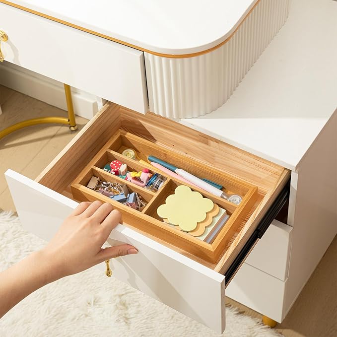 Weysat Irregular 4 Slots Bamboo Wood Desk Drawer Organizer 11"x6" Office Desk Organizer Tray Drawer for Office Supplies Makeup Jewelry Vanity