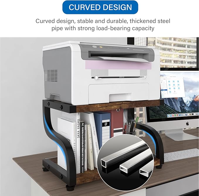 PUNCIA 2 Tiers Small Retro Wood Home Office Desktop Printer Stand Laser Printer Copier Stand with Storage Rustic Tabletop Heavy Duty Organizer Rack Shelf Desk Dual for Small Space Double Tiers Tray