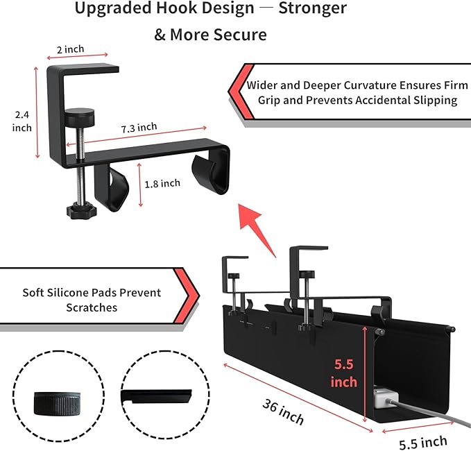 Under Desk Cable Management Tray, 36” Cord Organizer for Desk Clamp Mount, Heavy Duty Fabric Wire Management for Office Home