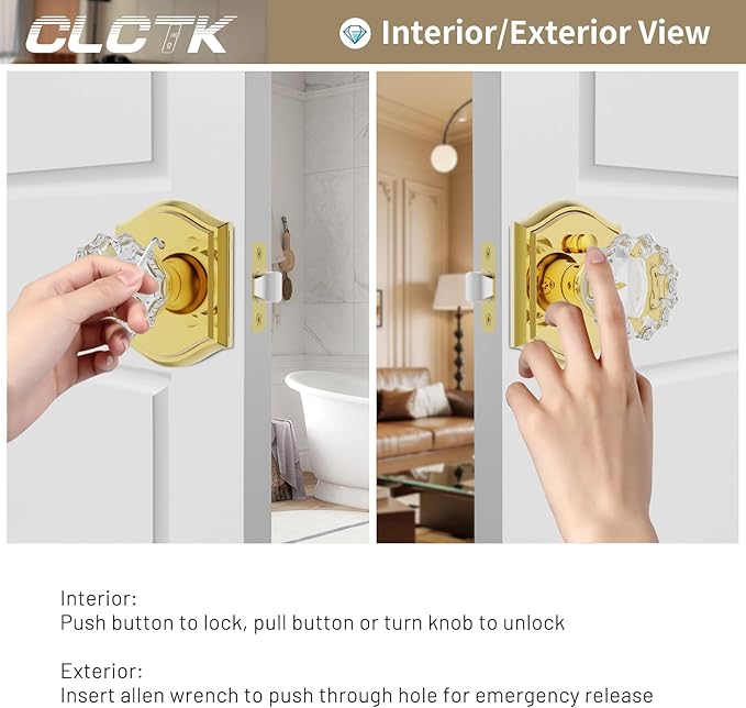 CLCTK Glass Door Knobs Interior with Lock, Crystal Privacy Gold Door Knob Polished Brass Door Knobs for Bedroom Bathroom, 1 Pack