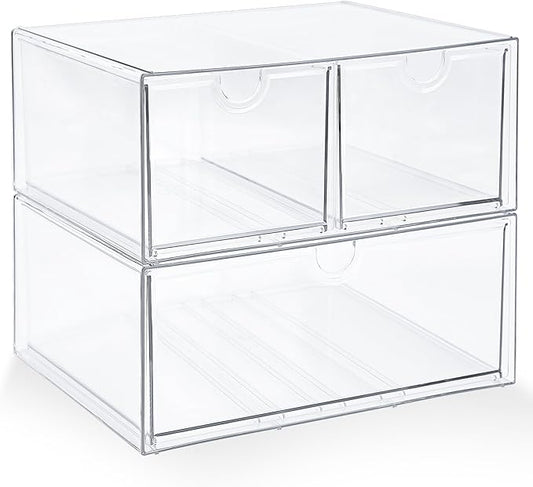 Prsildan Acrylic Drawer Makeup Organizer with 3 Drawers, Clear Stackable Storage for Baby Bottles, Craft, Jewelry & Hair Accessories, Multi-Use for Vanity, Countertop, Office Desk Organization