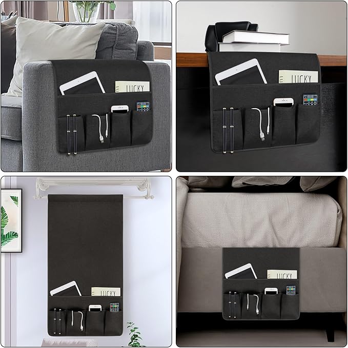 NB Sofa Armrest Organize remote holder bedside caddy organizer with 5 pockets，non-slip couch remote control holder couch armchair caddy accessories (black, 35''x18'')