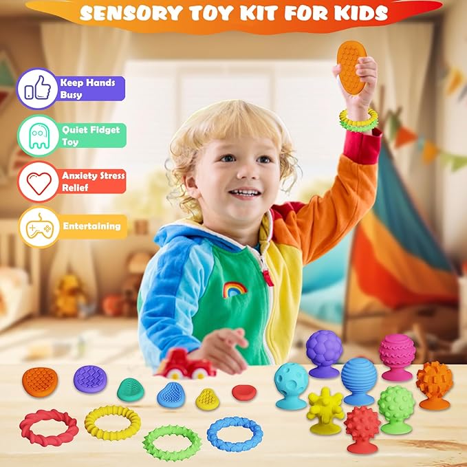 Fidget Sensory Toys for Kids Toddlers, 18 Pack Soft Textured Squishy Stress Relief Toys - Stretchy Fidget Bracelet, Textured Suction Cup Ball, Sensory Stone - Calm Down Toy for Autism Special Needs