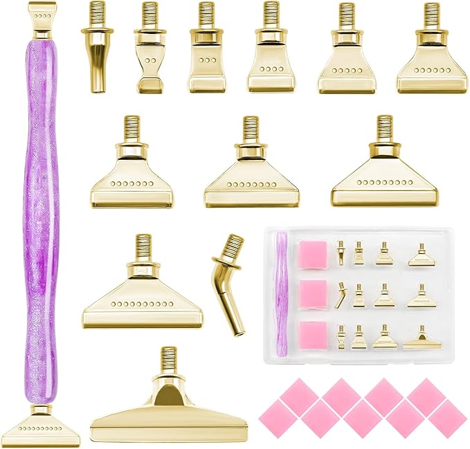 22PCS DIY Diamond Art Pen Painting Tool Set - Metal Threaded Tip Accessories Gem Resin Dotting Pen Supplies Kit (Purple Pen + 12 Tips + 9 Dotting Clay)