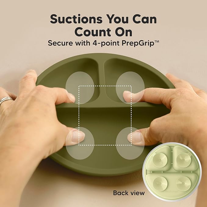 KeaBabies Suction Plates with Lids for Baby - 3-Pack 100% Silicone Suction Plates for Baby, Kids,Toddler Plates,Divided Baby Plates with Suction,Lids, BPA-Free, Microwave, Dishwasher Safe (Olives)