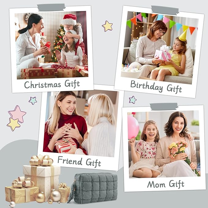 Puffer Quilted Makeup Bag Cosmetic Bags,Puffy Travel Toiletry Pouch for Women,Cute Checkered Zipper Bag Travel Essential,Portable Aesthetic Make up Organizer Bag for Gifts Work Daily(Grey,M)