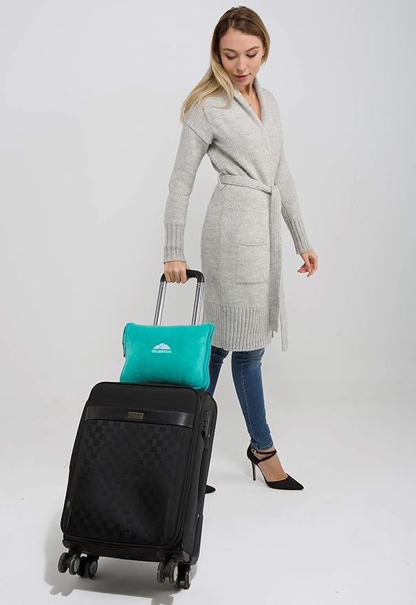 BlueHills Premium Soft Travel Blanket Pillow Airplane Blanket Packed in Soft Bag Pillowcase with Hand Luggage Belt and Backpack Clip, Compact Pack Large Warm for Any Travel (Teal Green T006)