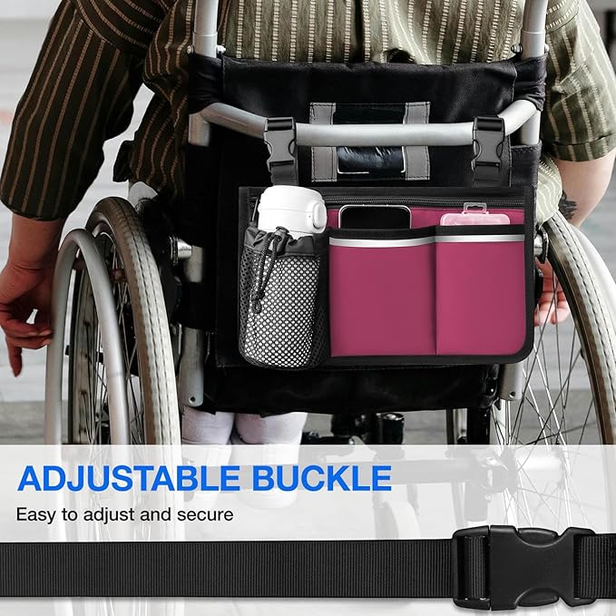 Wheelchair Organizer Pouch with Cup Holder and Reflective Strip, Armrest Accessory for Wheelchairs, Walkers, Rollators (Burgundy)